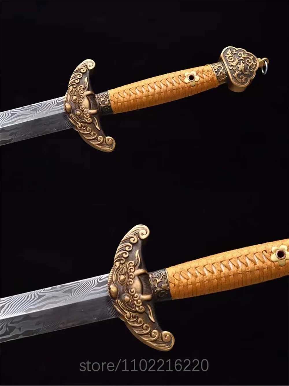 Real Kungfu Battle Sword Damascus Steel Blade Sword Chinese Qing Dynasty Jian Room Decoration Copper Parts Wrap Rayskin Sheath