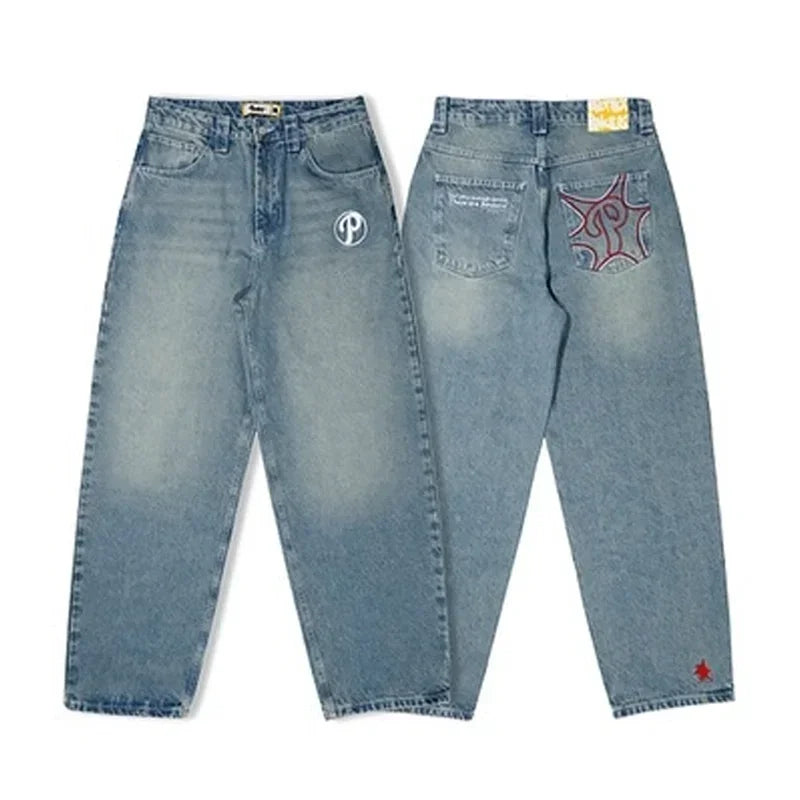 American Retro Hip-Hop Cherry Blossom Dragon Embroidery Baggy Jeans For Men and Women Y2K New Gothic Hip-Hop Casual Street Wear