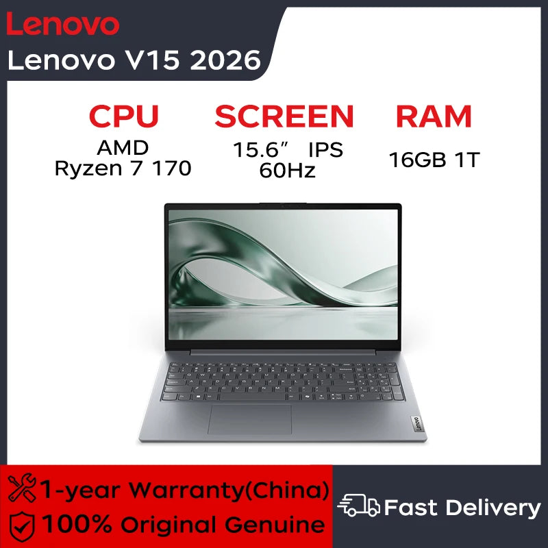 Lenovo Laptop Lenovo V15 2026 15.6“ Slim office and gaming laptop AMD Ryzen7 170 16G DDR5 1TB/2TB SSD Notebook Computer PC