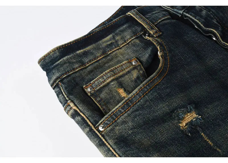 Y2k new men's jeans washed nostalgic perforated black leather patch deep blue jeans high street designer hip-hop brand high-qual