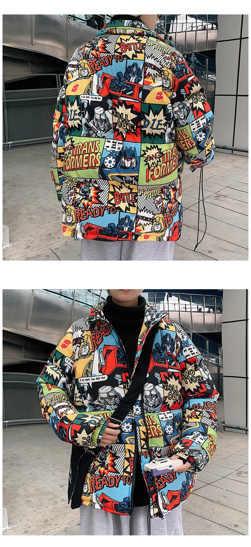 Hip Hop Graffiti Cartoon Print  Parkas Coats Men Streetwear Harajuku Mens Winter Thickend Warm Zipper Cotton Padded Jacket Women