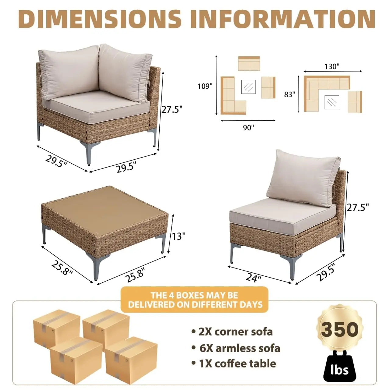 9-Piece Outdoor Patio Furniture Set, All-Weather Wicker Sectional Sofa with Coffee Table & Thick Anti-Slip Cushions, Customized