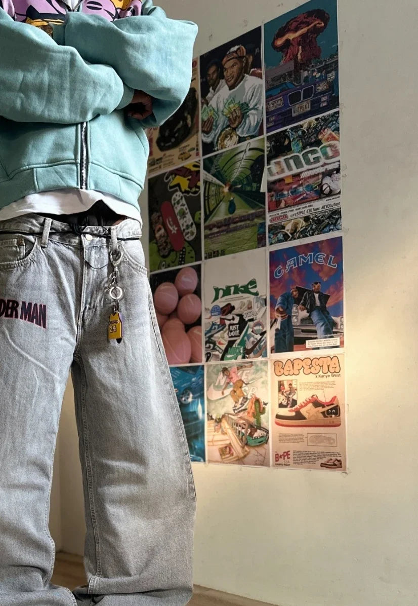 Harajuku Gothic Grey Girl Spider Print Baggy Jeans Jeans Vintage Streetwear Y2K Pants Mens High Waist Wide Leg Trousers