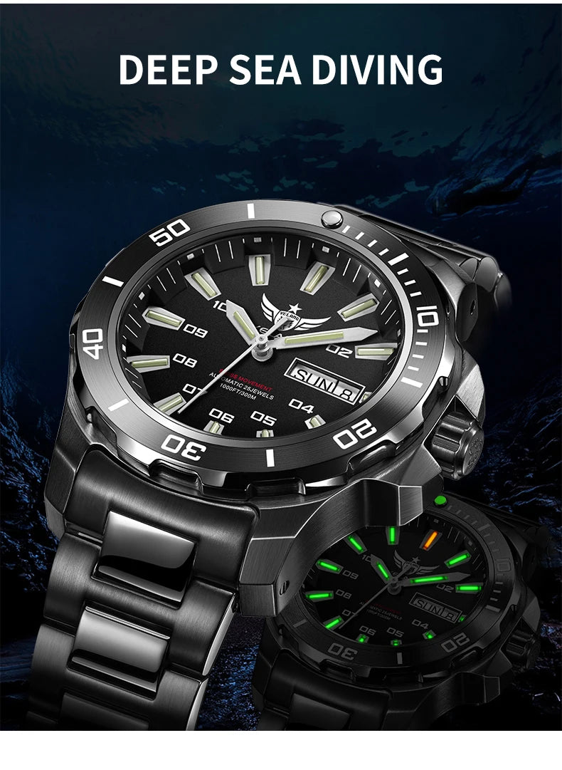 YELANG New Men Automatic Mechanical Watch T100 Self Luminous SWISS ETA Movement 25Jewels Deep Sea DiverSwim Waterproof 300m V5