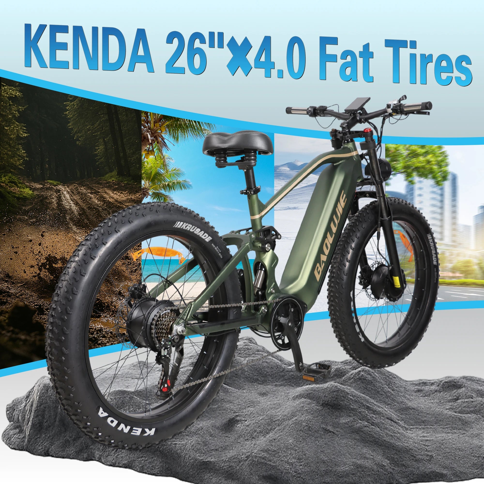 BAOLUJIE Peak 5000W Electric Bicycle Motor Electric Bike 26*4 Inches Tire Mountain E-bike 52V 23Ah Battery 36MPH Full Suspension