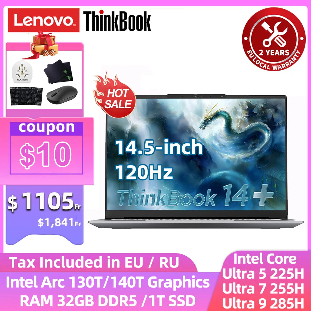 Lenovo ThinkBook 14+ Laptop Ultra 5 225H/Ultra 7 255/Ultra 9 285H/Intel Arc 130T/140T 32GB DDR5 1T SSD 14.5 inches 120Hz Screen