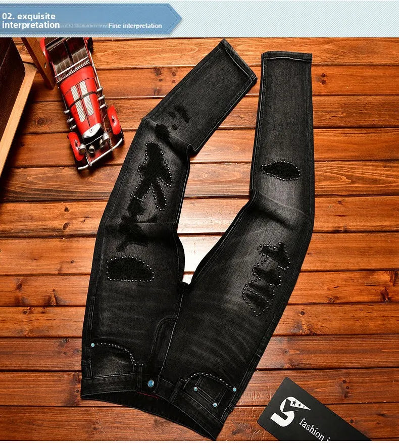 Metal Decor Design Black Jeans Men Trendy Ripped Fashion Retro Nostalgic Street Slim Fit Skinny Pants