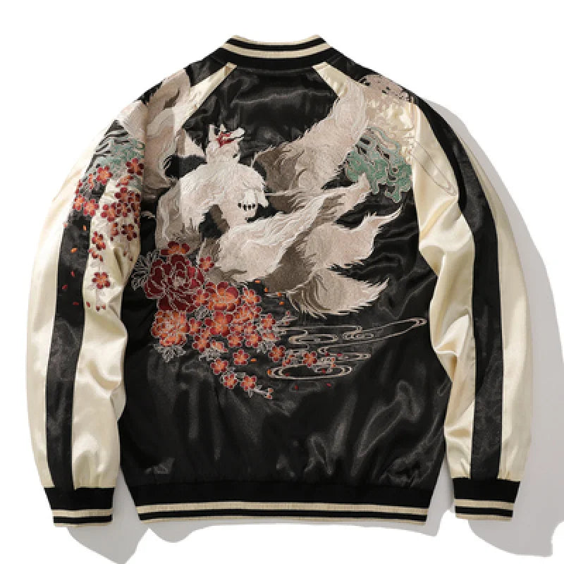 Fashion Hi Street Bomber Jacket With Fox Yokosuka Embroidery Japanese Style Harajuku Baseball Coat Outerwear Personality Uniform