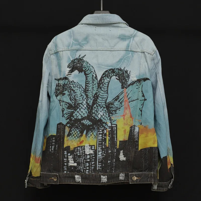 HKSH Spring Autumn New Men Tide Punk Vintage Three-Headed Dragon Denim Jacket High Street Luxury Fashion Versatile Coats HK17707