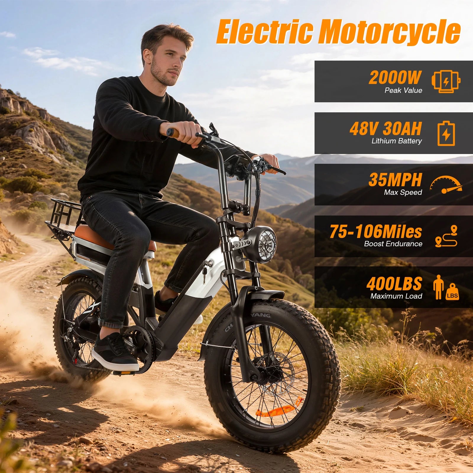 2000W All-terrain Electric Bike, 48V30AH Electric Mountain Bike, 35MPH,106 Miles Per Hour, 20''x4'' E-Bike, Load-bearing 400lbs