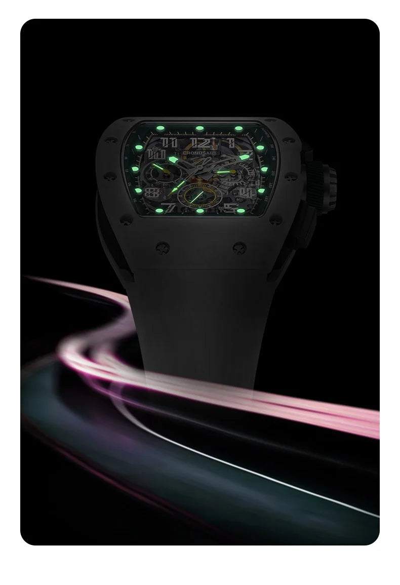 CRONUSART Men Chronograph Watch 50mm Tonneau Automatic Mechanical Wristwatch Sapphire Mirror Luminous Skeleton Dial FKM Strap