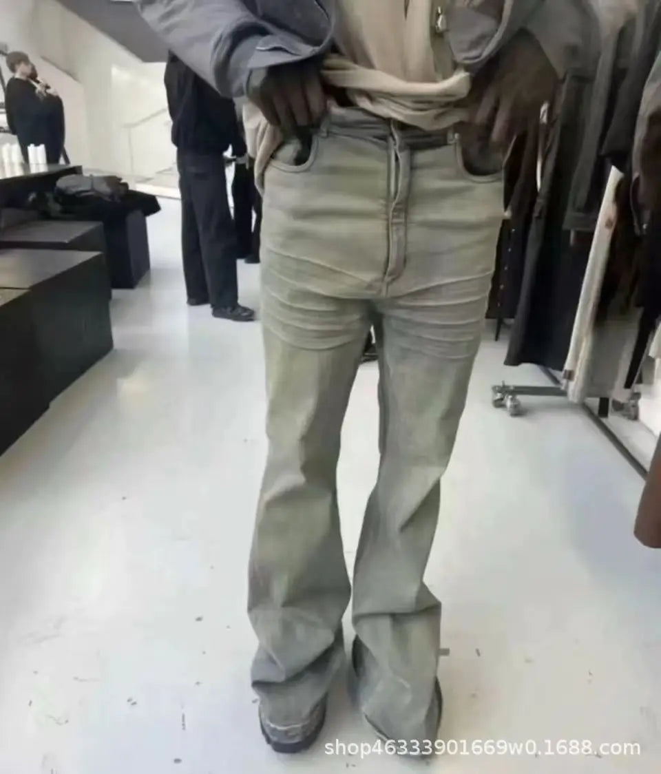 Rick RO Vintage Washed Wide Leg Skinny Jeans with Built-Up Floor-Length and Distressed Details and Cat-Fur Style Denim Pants