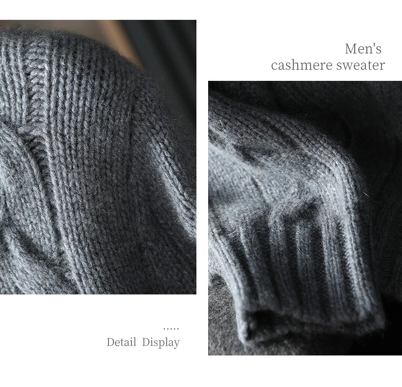 Men's 100% Pure Cashmere Knitting High Neck Cardigan Zipper Thickened Coat Fashion Old Money Style Big Fried Dough Twist Design