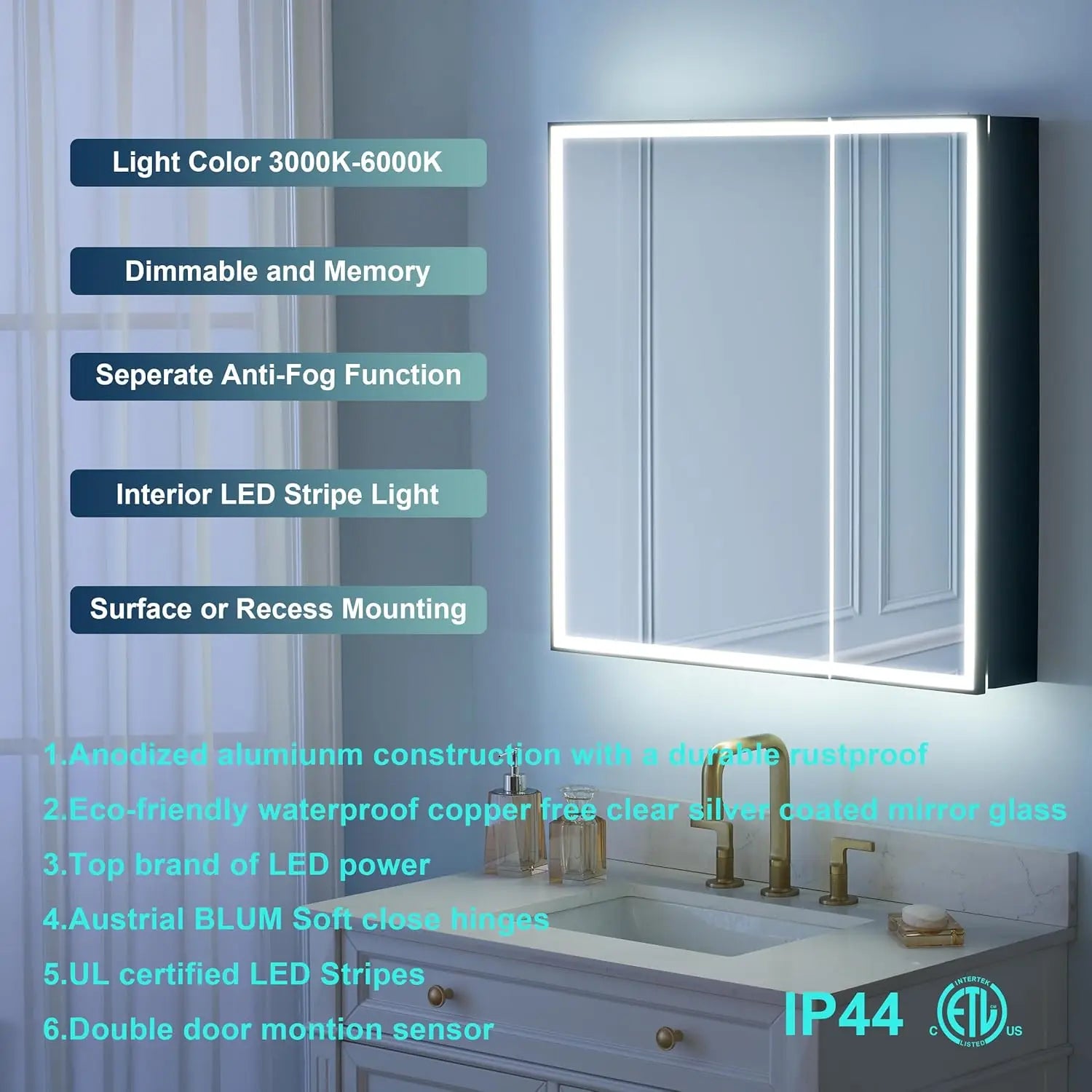 30" X 30" LED Mirrored Medicine Cabinet, Medicine Cabinets with Lights for Bathroom, Defogging Function Mirror, Customized