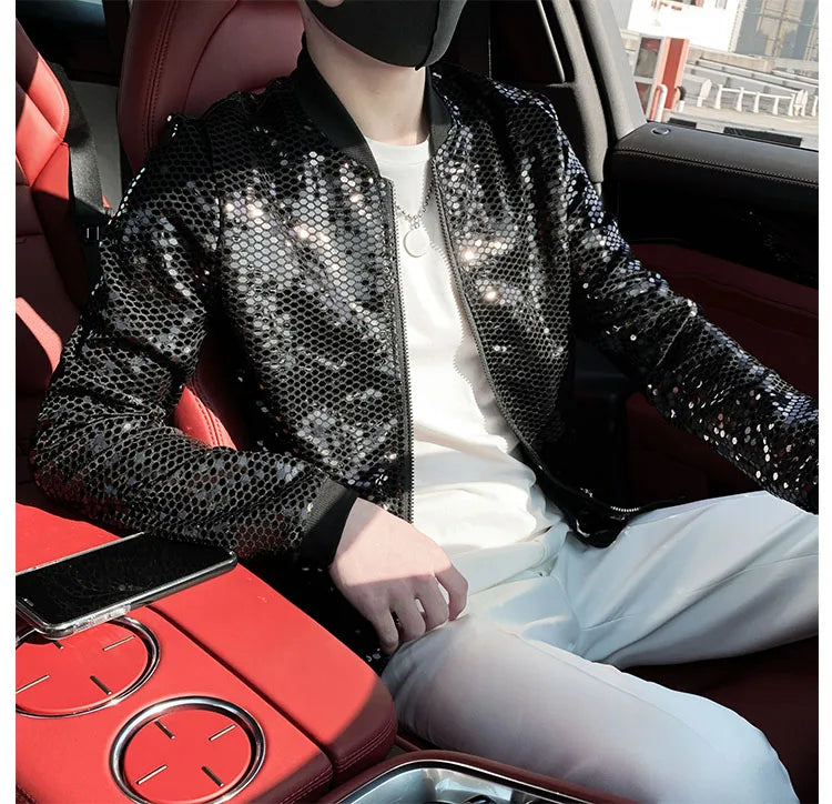 Y2K Men's Streetwear Night Club Stage Thin Motorcycle Jackets Fashion Men Hip Hop Sequined Bombers Jacket Coat Fashion Clothing