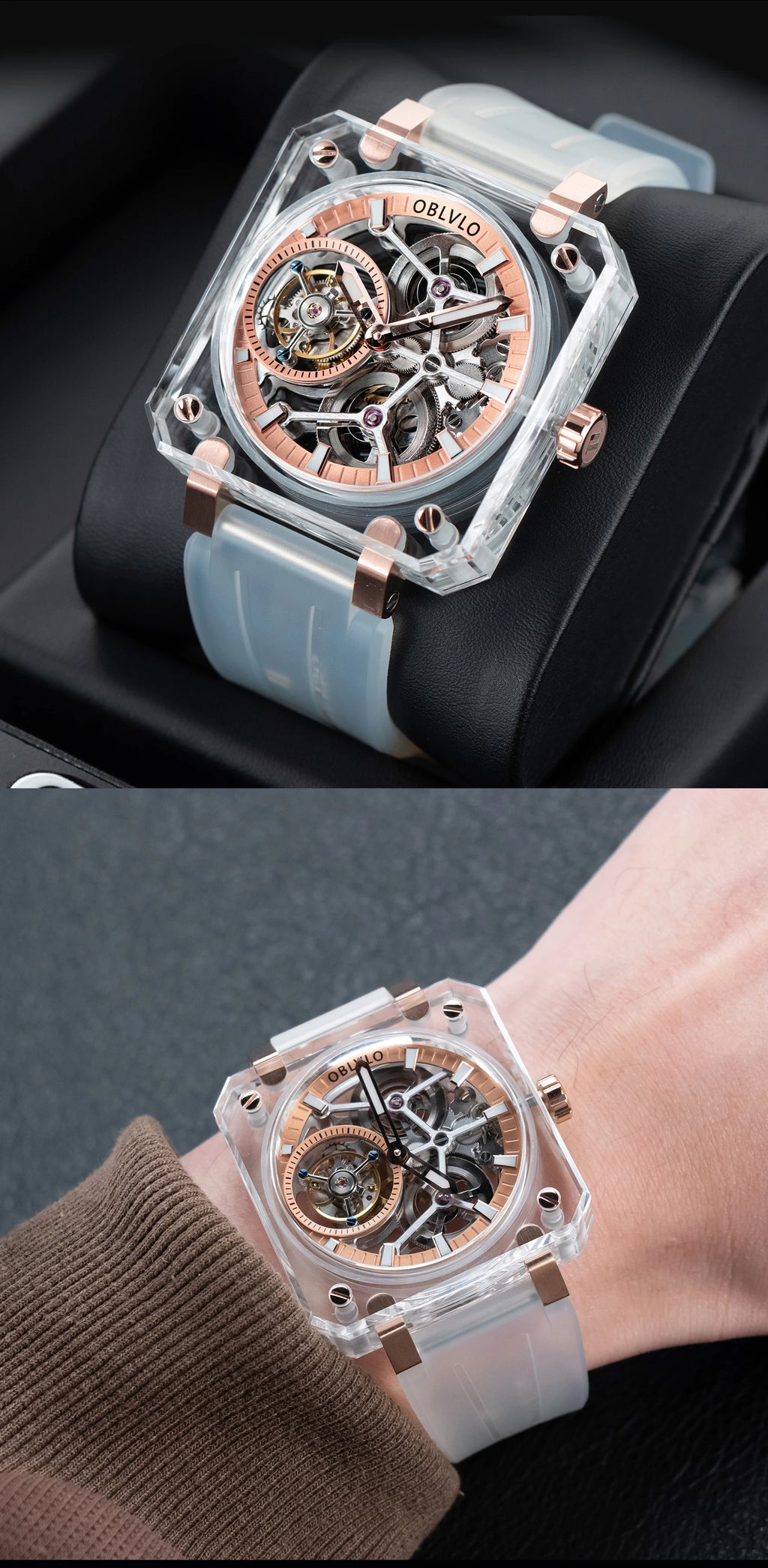 OBLVLO Men's Blue Skeleton Dial Tourbillon Automatic Watch Transparent Square Analog Display And Hollow-out Design BR-TB