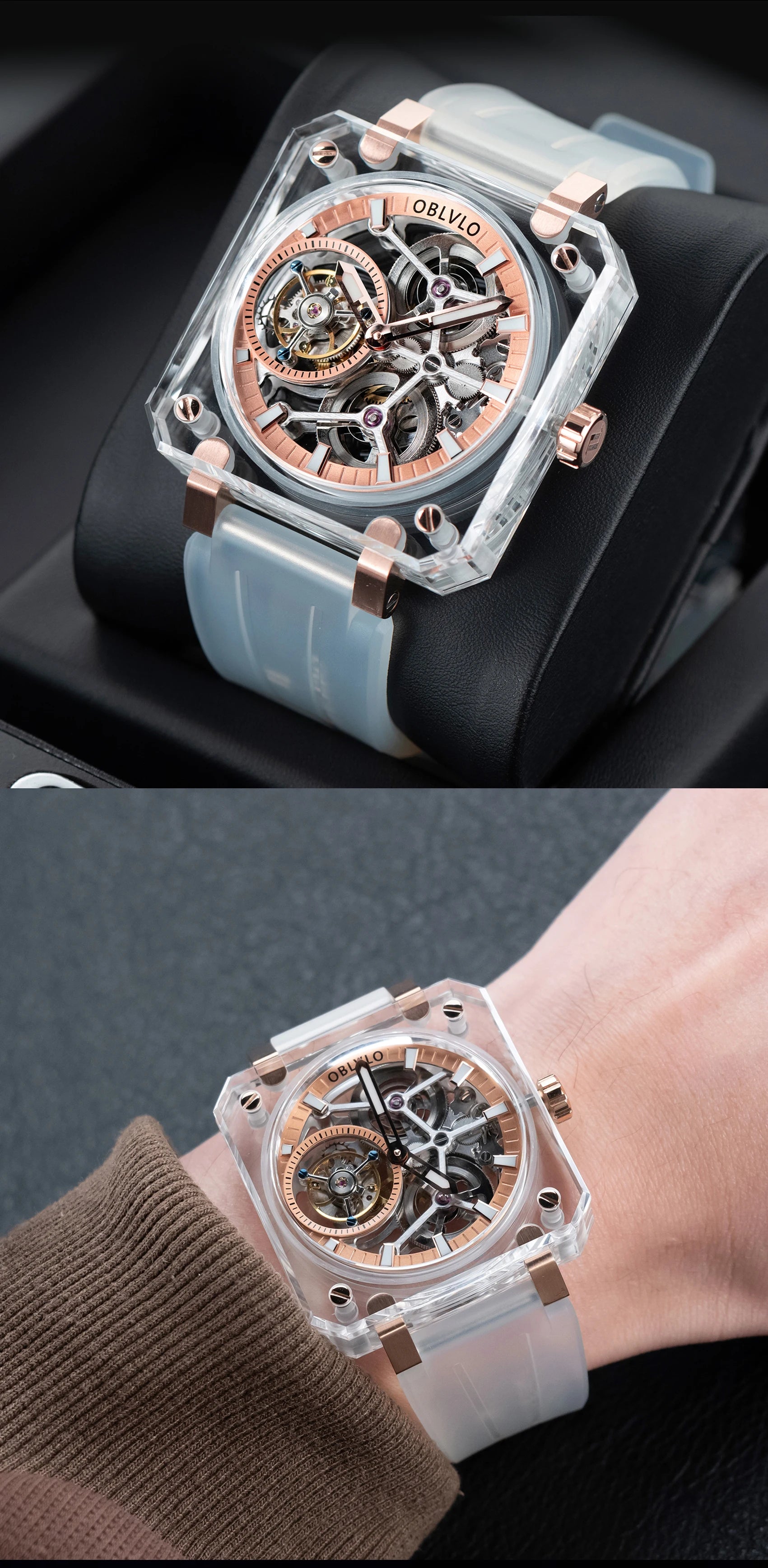 OBLVLO Men's Blue Skeleton Dial Tourbillon Automatic Watch Transparent Square Analog Display And Hollow-out Design BR-TB