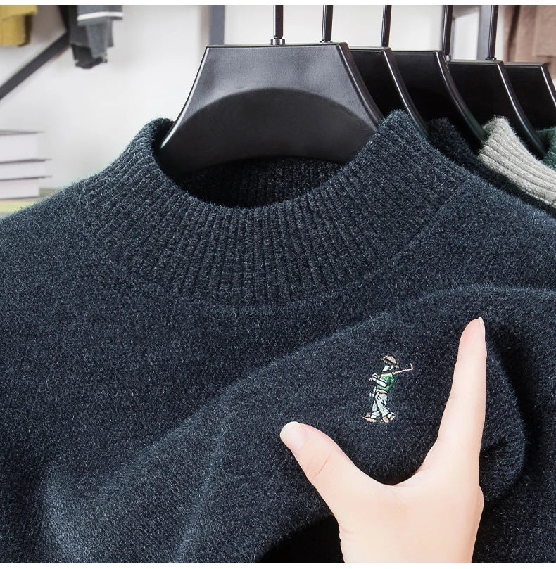 Luxury brand men's round neck knitted sweater fashion cartoon embroidery comfort warm plush autumn winter casual golf pullover