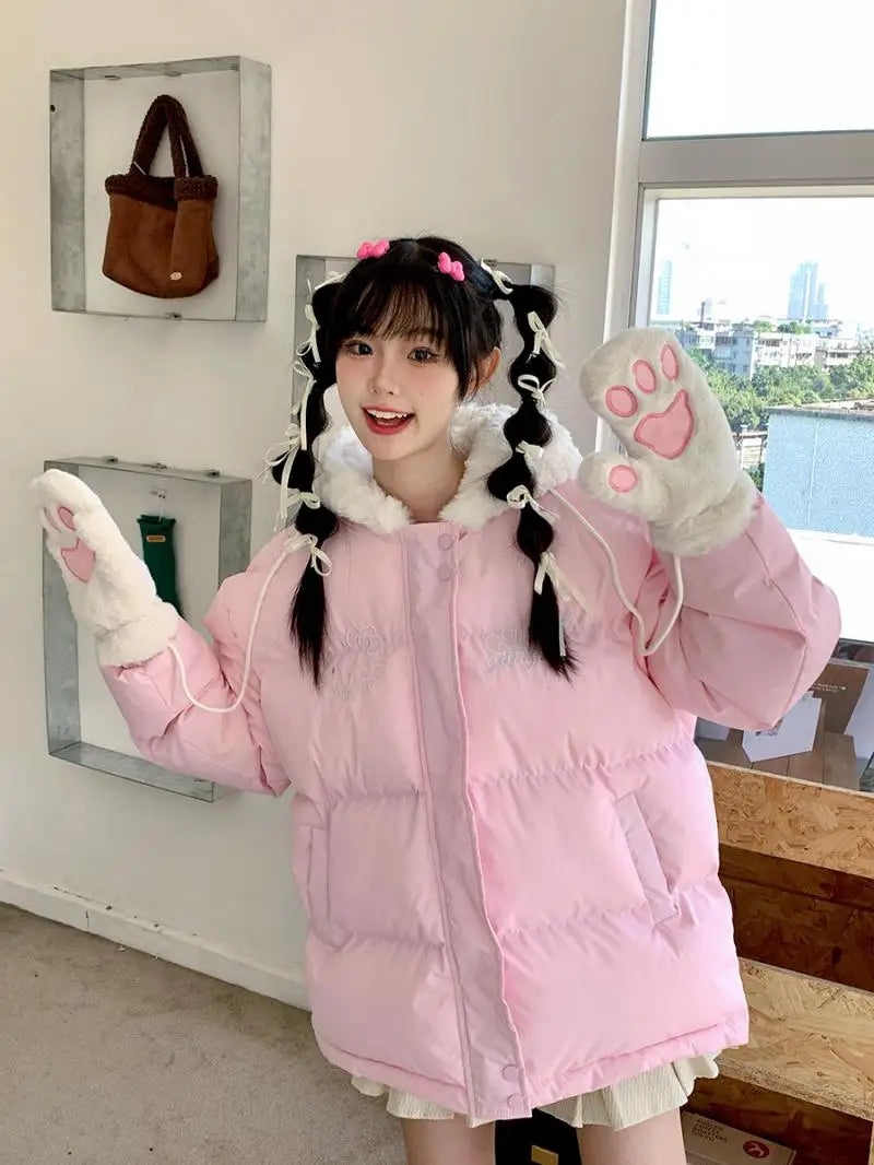 Kawaii Hello Kitty Women Beige 2025 Winter Warm Thick Jacket Paw Gloves Design Casual Y2K Aesthetic Fashion Outerwear Loose