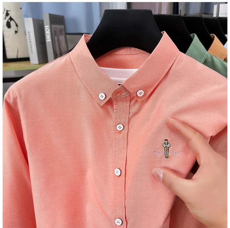 Light luxury fashion men's long sleeve shirt brand cartoon embroidery high-quality business casual solid color golf lapel top