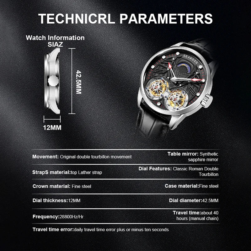 SEAKOSS Luxury Skeleton Men's Tourbillon Manual Mechanical Watches Double Tourbillon Luminous Hands Watch for Men Sapphire Glass