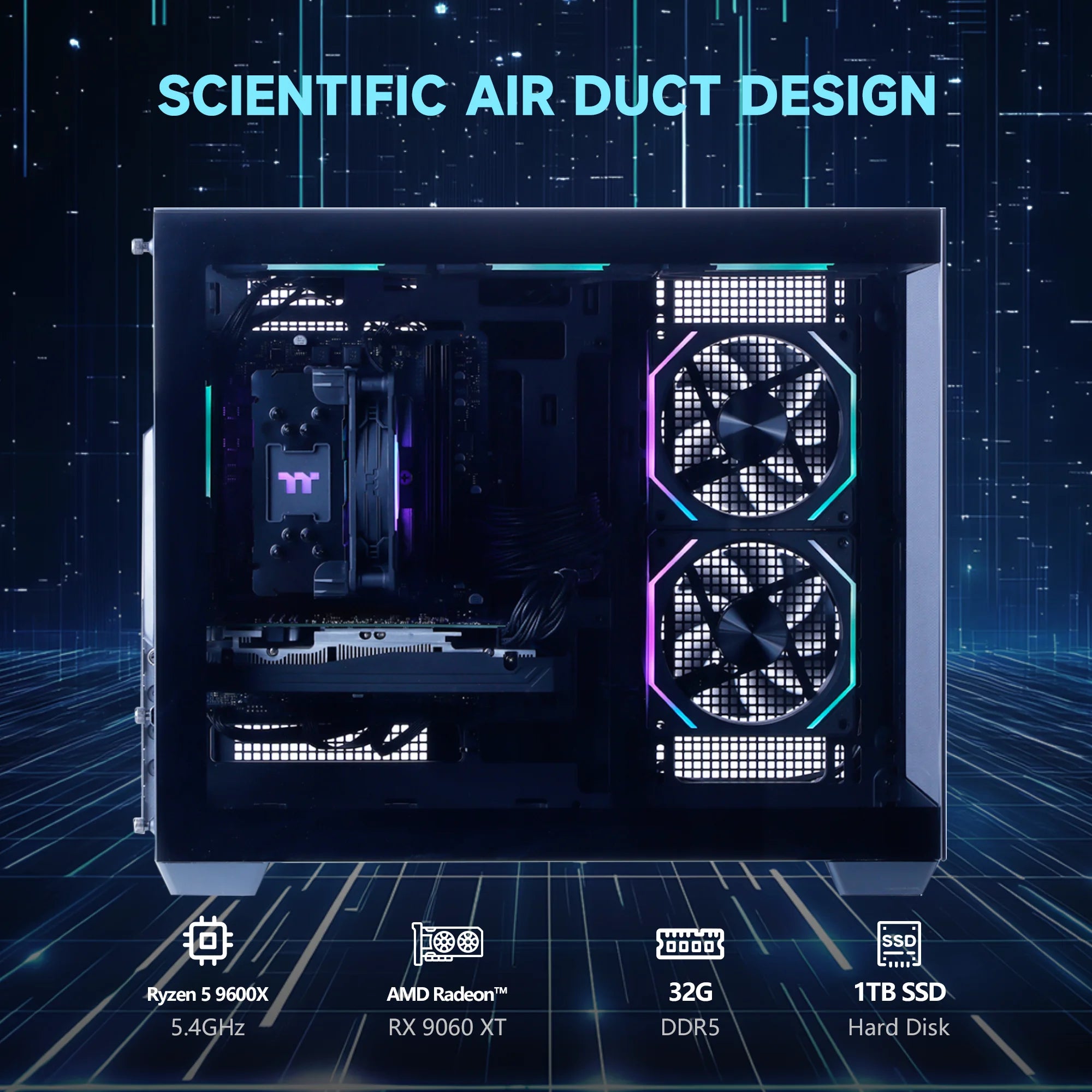 Mloong Gaming PC Desktops AMD Ryzen 5 9600X, Radeon RX 9060XT 8GB, 1TB SSD, 32GB DDR5 RAM, 650W, Win11, WiFi, Black