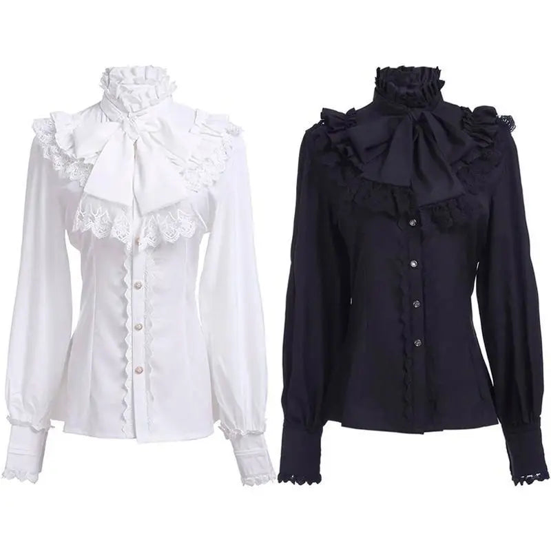 ouji Women's Victorian Gothic Blouse Ruffled High Collar Long Sleeve Renaissance Style Top Lolita Cosplay Costume Party Wear