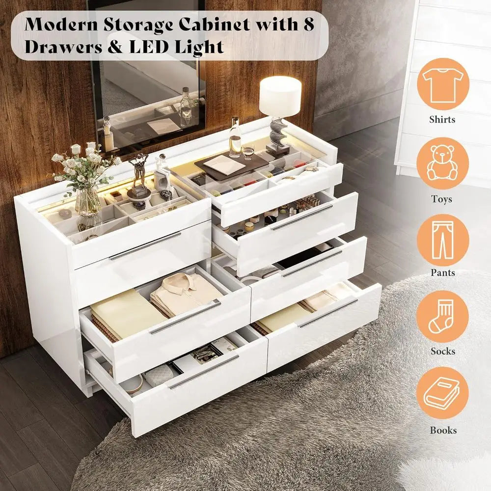 3-Piece High Gloss White Bedroom Set with LED Dresser, 8-Drawer Storage, 2 Charging Nightstands