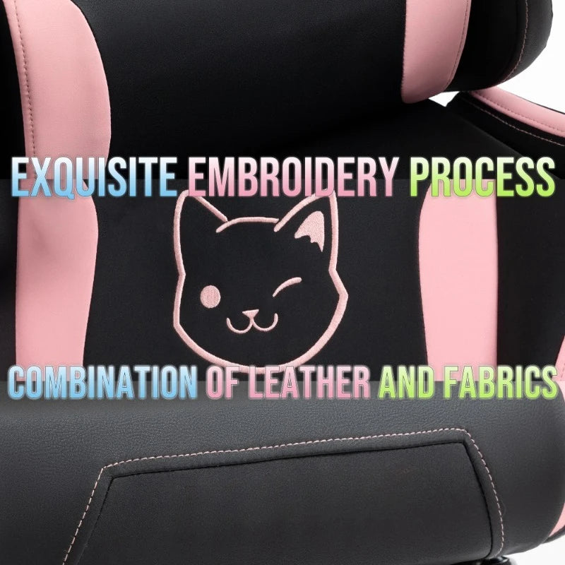 Cute Gaming Chair with Cat Ears Footrest Pink Kawaii Computer Chair Ergonomic High Back Gamer Seat with Cat Paw Lumbar Support