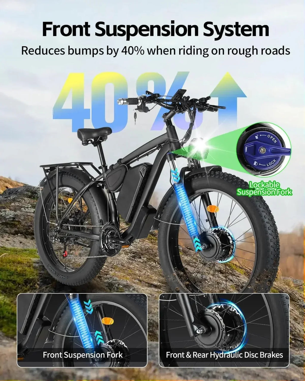 City Electric Bicycle 48v 22.4 ah battery adult 2000W Dual Motor 26 inch tire All terrain Hydraulic brake multi-function E-bike