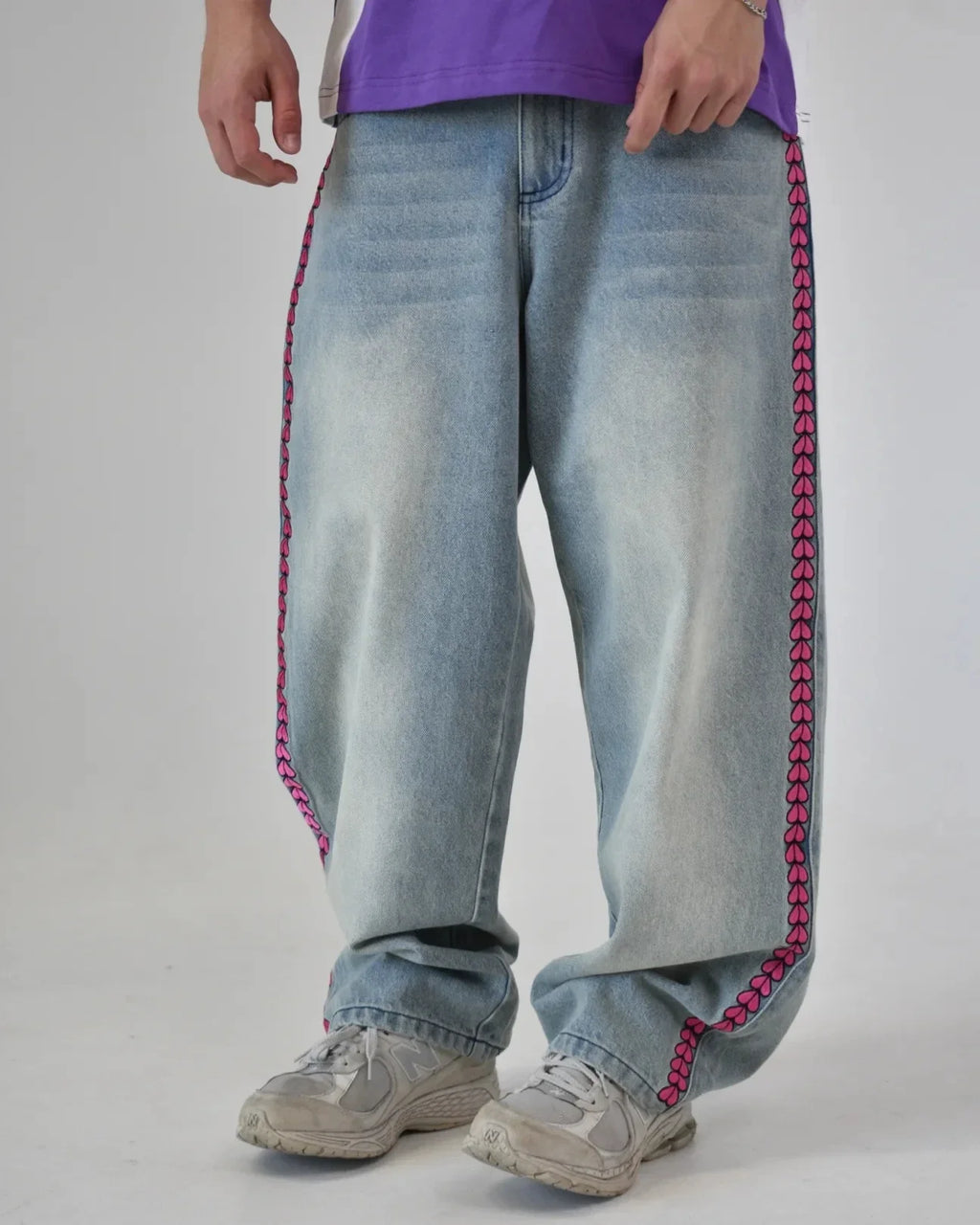 JoJo Anime Style High Waist Loose Jeans Men's and Women's Pink Heart Embroidered Loose Street Denim Pants