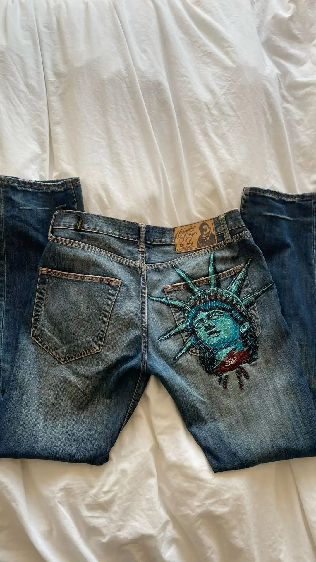 Y2k 2000s Statue of Liberty Diamonds Denim Pants Women Casual High Waist Straight Wide Leg Jeans Harajuku Vintage Women Clothing