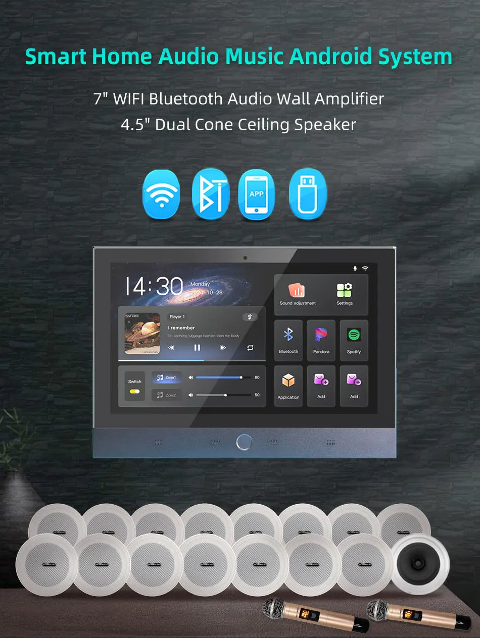 Karaoke WiFi Bluetooth 7 inch Screen Wall Amplifier Android Amp Smart Home Theater Sound System Mini Ceiling Speaker Residential
