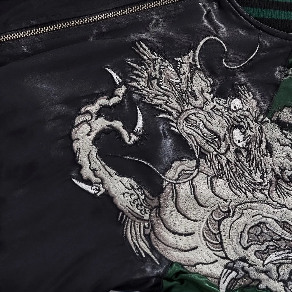 Harajuku Yokosuka Dragon Embroidered Jacket Autumn Street Hip Hop Men's Green Sleeve Japanese Coat