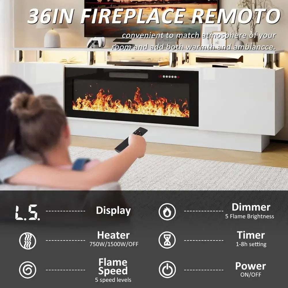 70-80 Inch TV Stand with 36 Electric Fireplace, Entertainment Center, LED Lights for Living Room