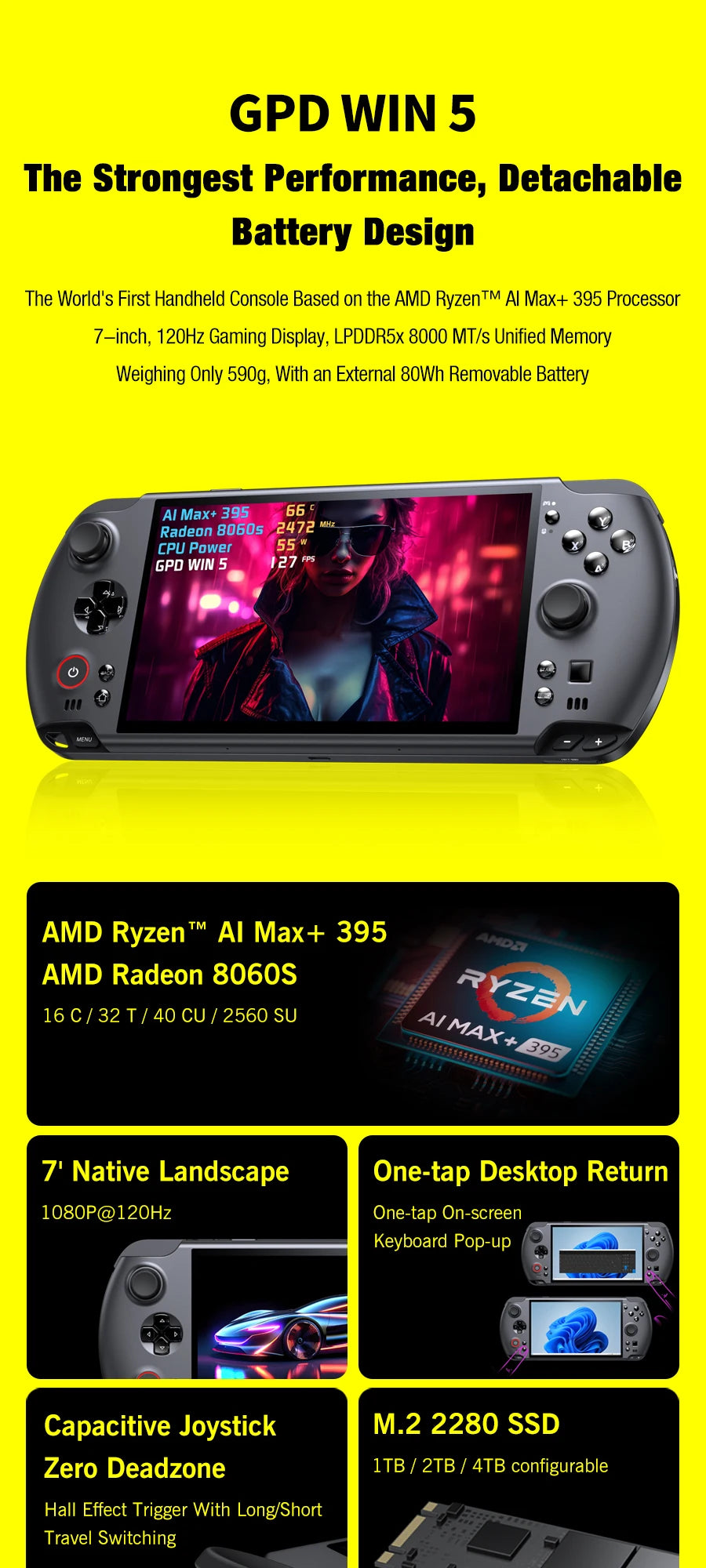GPD Win5 Handheld Gaming AI MAX+ 395 64+2 7"  DDR5 M.2 SSD  Fingerprint unlock capacitive joystick RGB Gaming Laptop