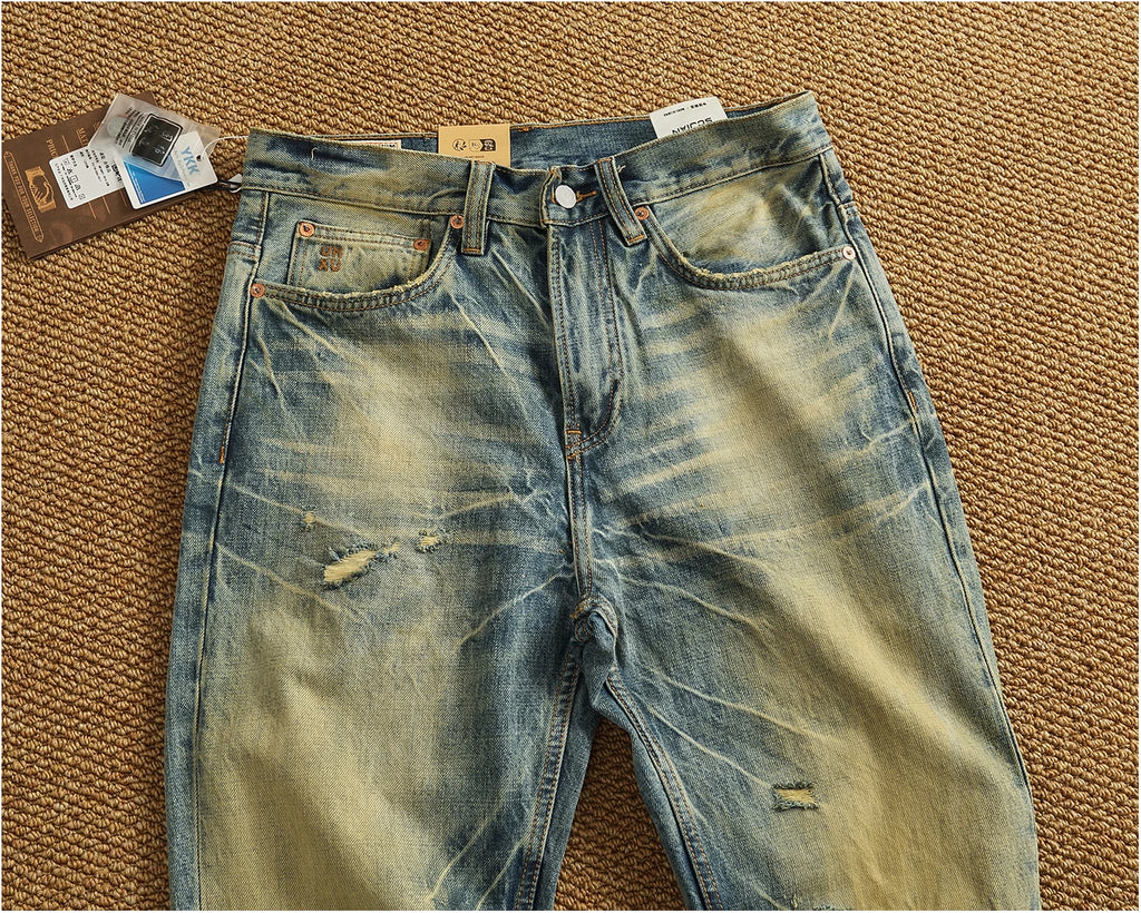 2025 Autumn New American Retro Heavyweight Ripped Denim Men's Fashion 100% Cotton Washed Old Straight Tapered Casual Jeans
