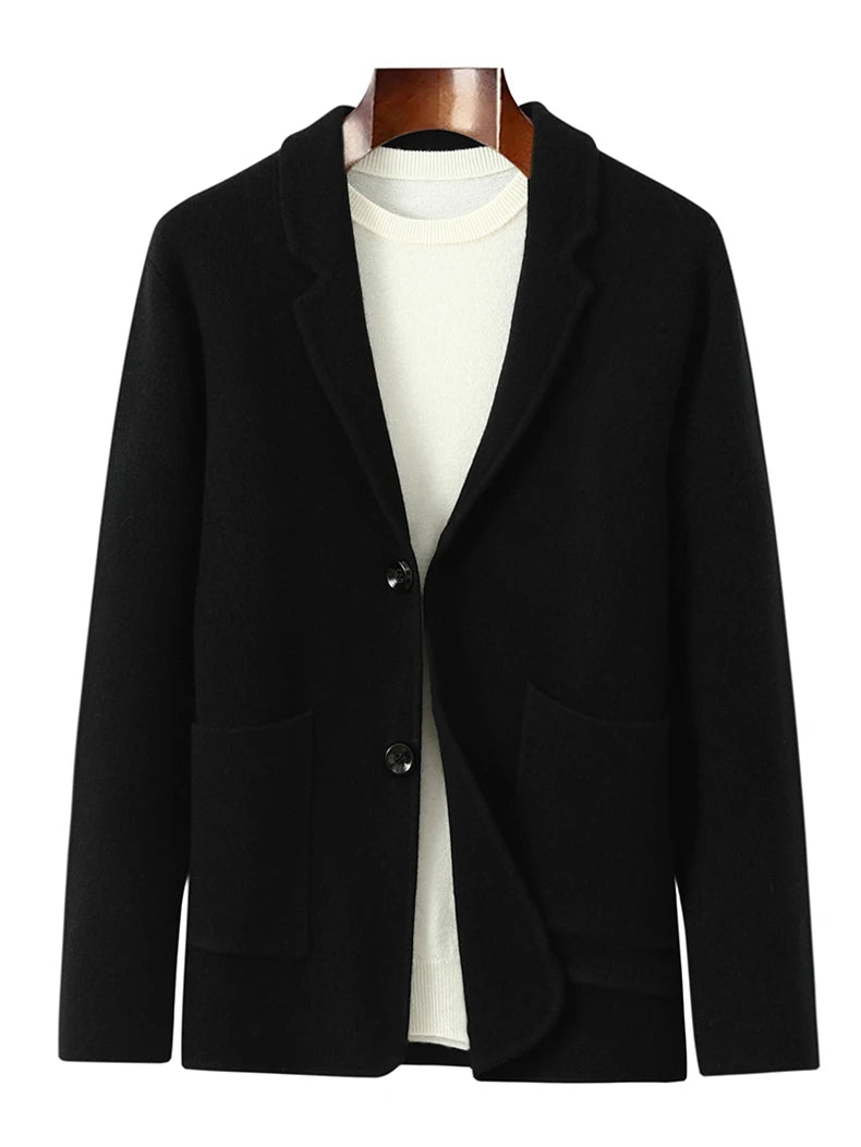 100%Cashmere Suit Men's Suit Collar Knitted Cardigan Business Casual Coat High Waisted Knitted Shorts Winter Thick Two-piece Set