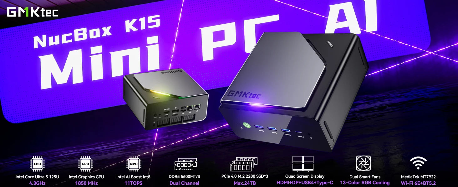 GMKtec NucBox K15 Mini PC Intel Core Ultra 5 125U DDR5 4800Mhz Pcie 3.0 SSD Windows 11Pro WIFI 6E BT 5.2 Full-featured USB4.0