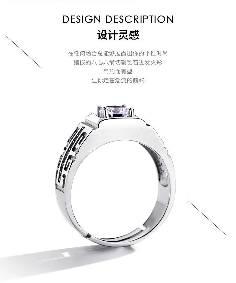 Luxury PT950 Platinum Men's Greek Key Square Moissanite Pave Engagement Wedding Ring Adjustable Band Anniversary Gift Jewelry Sp