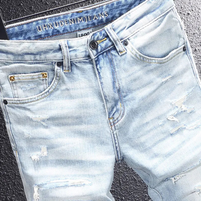 Fashion designer men's retro washed light blue elastic slim fit printed corrugated jeans men's Italian style retro denim pants h
