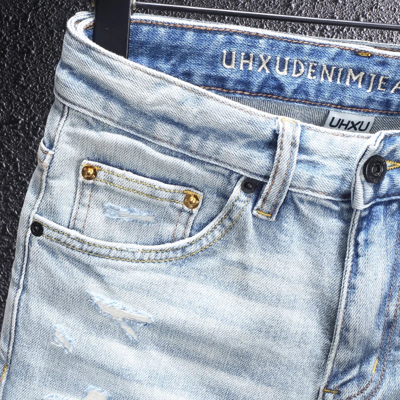 Fashion designer men's retro washed light blue elastic slim fit printed corrugated jeans men's Italian style retro denim pants h