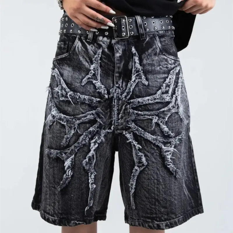 Goth Retro Men Baggy Unisex Short Pants Y2K Phantom Jeans High Street Spider Embroidered Patch Hip Hop Streetwear Straight Jeans