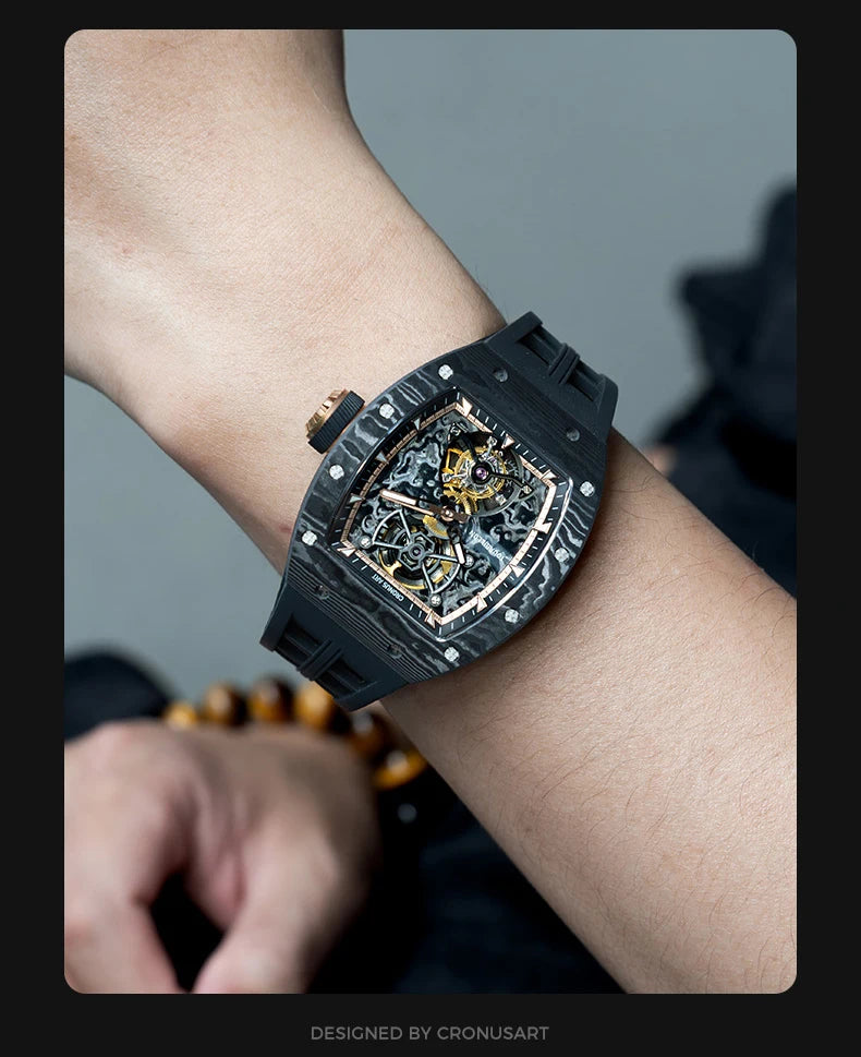 CRONUSART Men Tourbillon Watch 50mm Tonneau Mechanical Wristwatch Carbon Fiber Case & Dial Luminous Sapphire Mirror