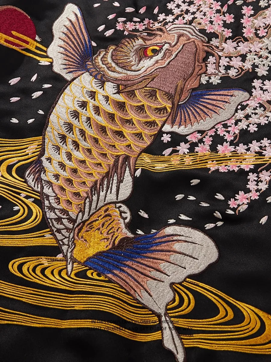 Red Black Cherry Blossoms Sakura Carp Embroidered Original Yokosuka Sukajan Souvenir Jackets