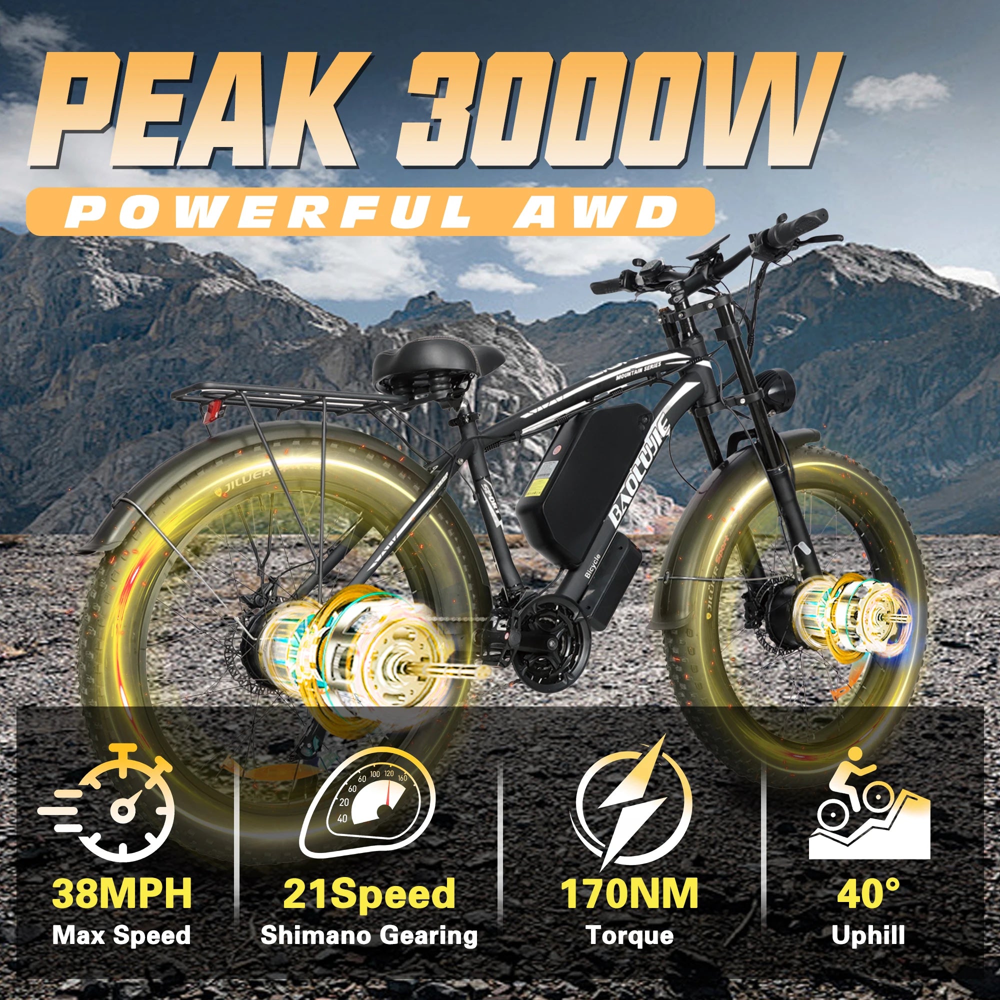 BAOLUJIE 2602 E-bike 3000W Motor 52V32AH Removable Lithium Battery Electric Bike Adult 7 Speed Electric Bicycle【1 Year Warranty】