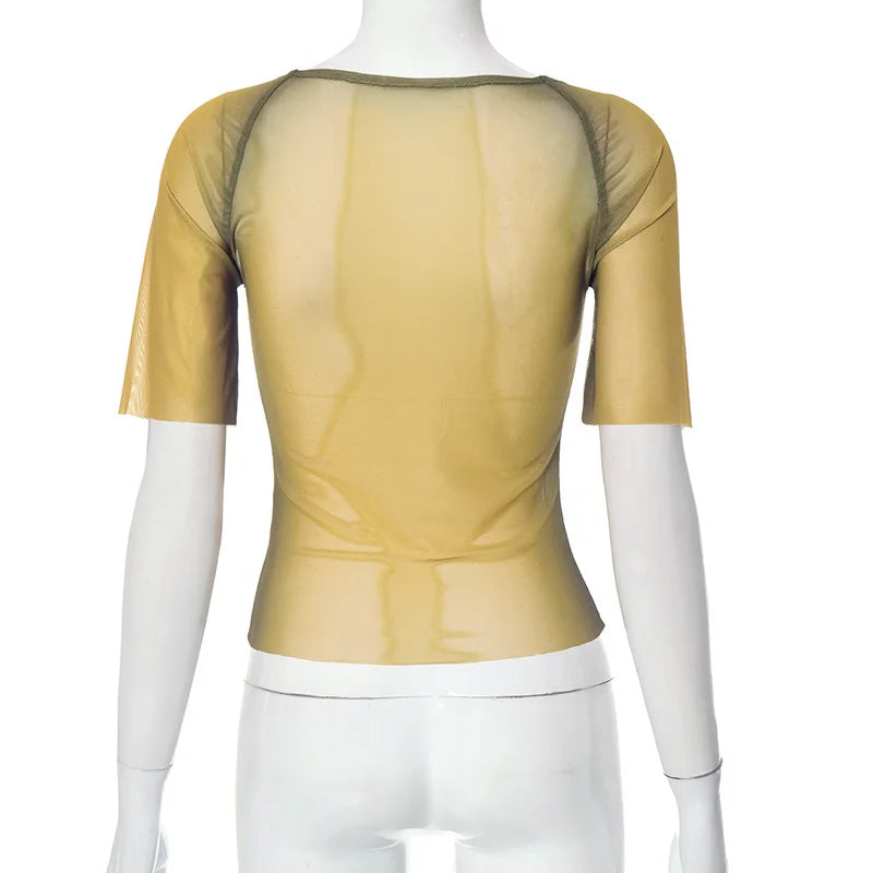 HLJ&GG American Vintage Fashion Letter Mesh See Though Two Piece Sets Women O Neck Short Sleeve Slim Crop Top And Pants Outfits
