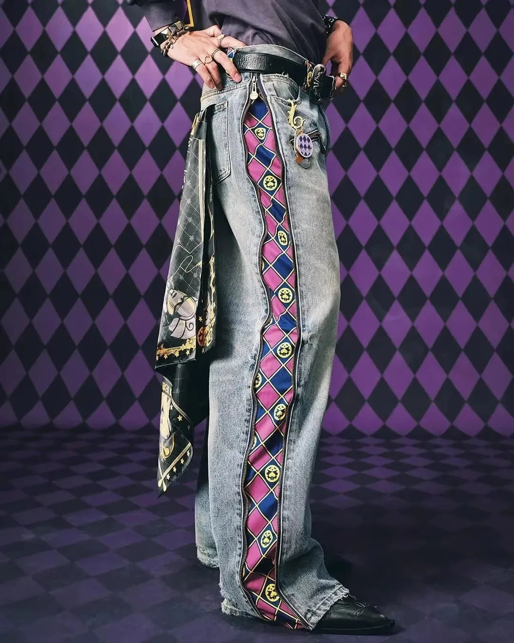 Anime Y2k High Street Original Color Style Light Blue Jeans American Hip Hop Fully Open Side Contrast Color Lined Wide Leg Pants