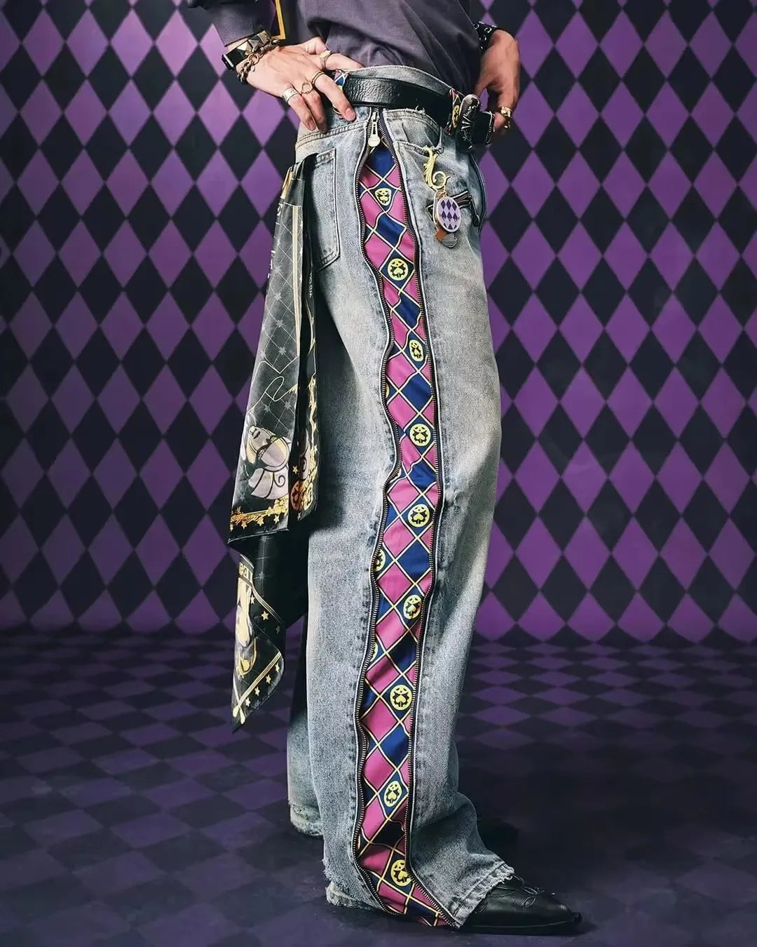 Anime Y2k High Street Original Color Style Light Blue Jeans American Hip Hop Fully Open Side Contrast Color Lined Wide Leg Pants