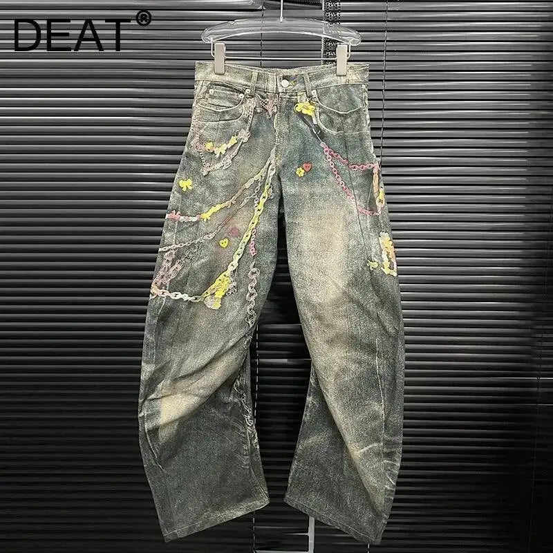 DEAT Fashion Women's 3D Chain Printed Contrast Color Jeans Niche Design High Waist Casual Denim Pants Female Trendy 11A04071